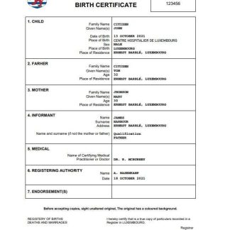Luxembourg birth certificate Word and PDF template download template file