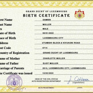 Luxembourg vital record birth certificate PSD template download template file