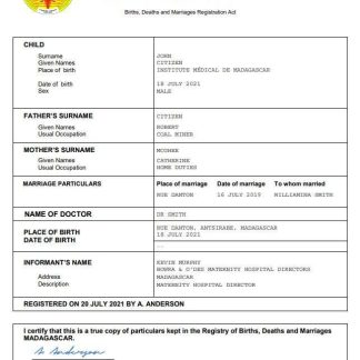 Madagascar vital record birth certificate Word and PDF template download template file