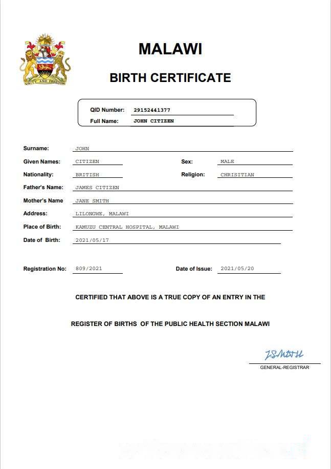 Malawi birth certificate Word and PDF template, completely editable download template file
