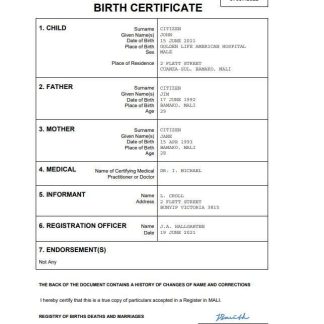 Mali vital record birth certificate Word and PDF template download template file