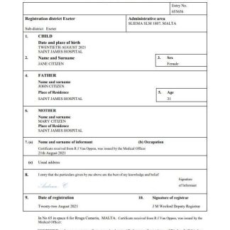 Malta birth certificate Word and PDF template download template file