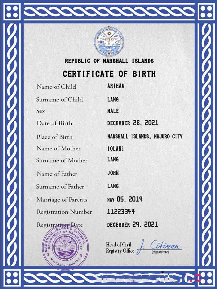 Marshall Islands vital record birth certificate PSD template download template file