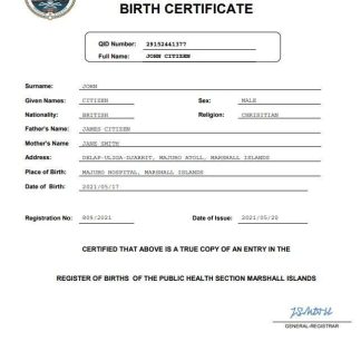 Marshall Islands vital record birth certificate Word and PDF template download template file