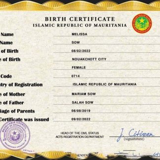 Mauritania birth certificate PSD template download template file