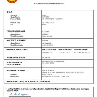 Mauritania birth certificate Word and PDF template download template file