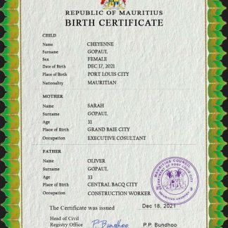 Mauritius vital record birth certificate PSD template download template file
