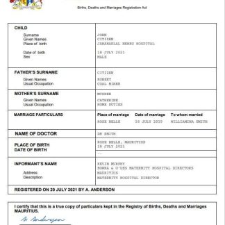 Mauritius vital record birth certificate Word and PDF template download template file