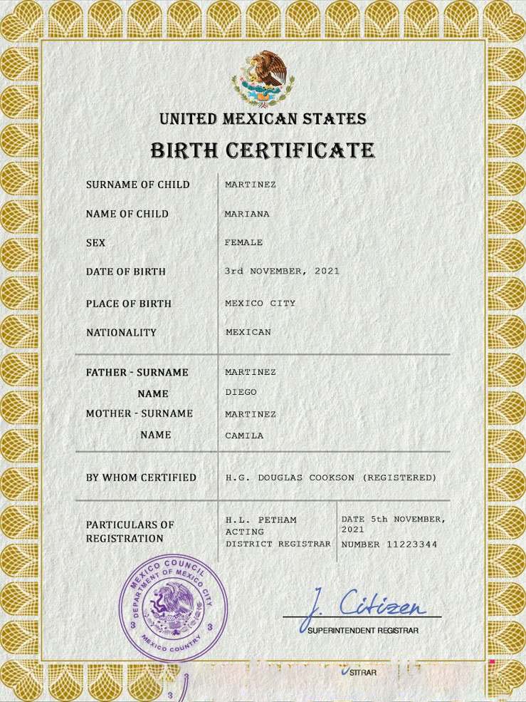Mexico vital record birth certificate PSD template download template file