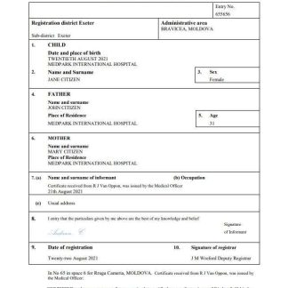 Moldova birth certificate Word and PDF template download template file