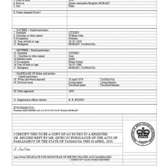 Australia Tasmania birth certificate template in Word format download template file