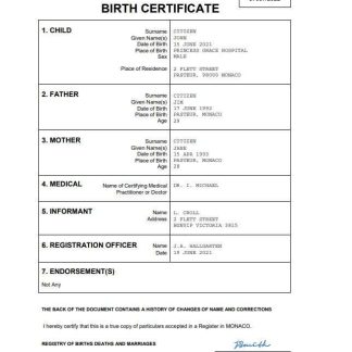 Monaco vital record birth certificate Word and PDF template download template file