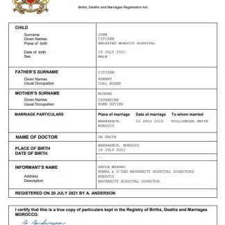 Morocco vital record birth certificate Word and PDF template download template file