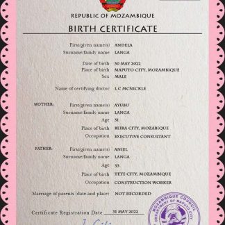 Mozambique birth certificate PSD template download template file