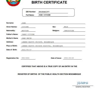 Mozambique birth certificate Word and PDF template download template file