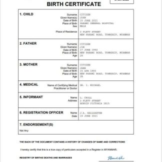 Myanmar vital record birth certificate Word and PDF template download template file
