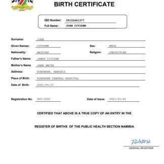 Namibia birth certificate Word and PDF template download template file