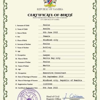 Namibia vital record birth certificate PSD template download template file