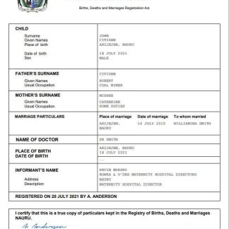 Nauru vital record birth certificate Word and PDF template download template file