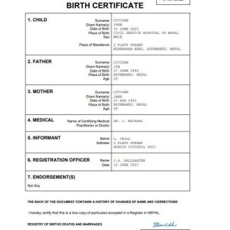 Nepal birth certificate Word and PDF template download template file