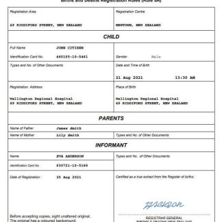 New Zealand birth certificate Word and PDF template download template file