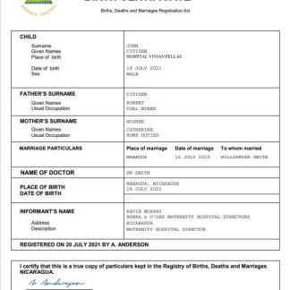 Nicaragua vital record birth certificate Word and PDF template download template file