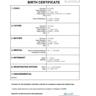 Niger birth certificate Word and PDF template download template file