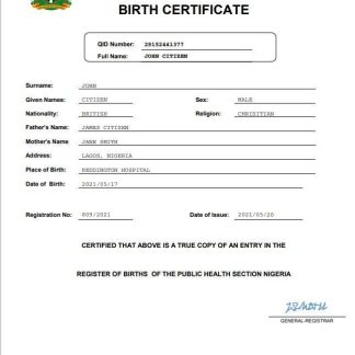 Nigeria vital record birth certificate template in Word and PDF format, completely editable download template file