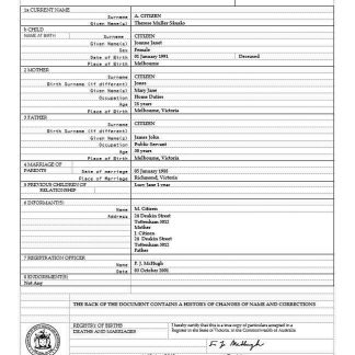 Australia Victoria birth certificate template in Word format, version 2 download template file