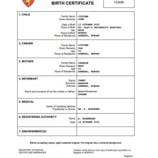 Norway birth certificate Word and PDF template download template file