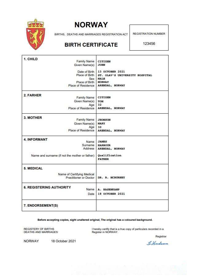 Norway birth certificate Word and PDF template download template file