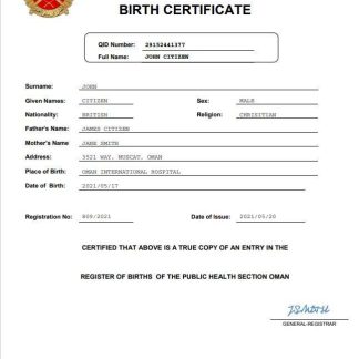 Oman birth certificate Word and PDF template download template file