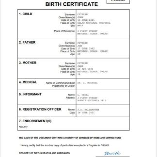 Palau birth certificate Word and PDF template download template file