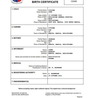 Philippines vital record birth certificate Word and PDF template download template file