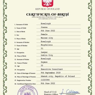 Poland vital record birth certificate PSD template, download template file