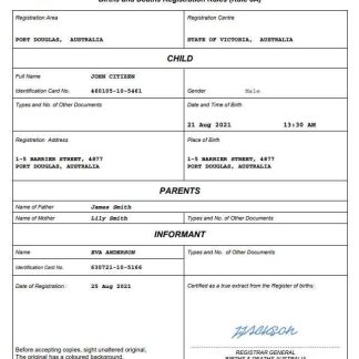 Australia vital record birth certificate Word and PDF template download template file