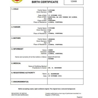 Portugal birth certificate Word and PDF template download template file