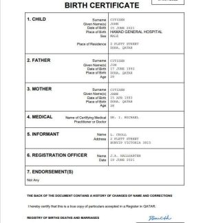 Qatar vital record birth certificate Word and PDF template download template file