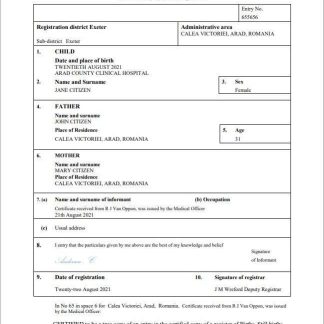 Romania birth certificate Word and PDF template download template file