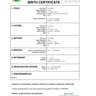 Rwanda birth certificate Word and PDF template download template file