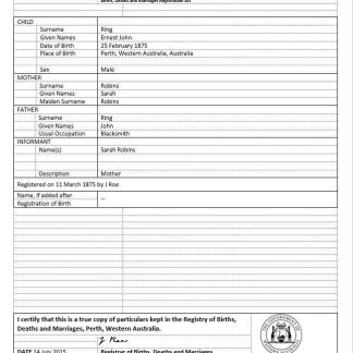 Australia Western Australia birth certificate template in Word format, version 2 download template file