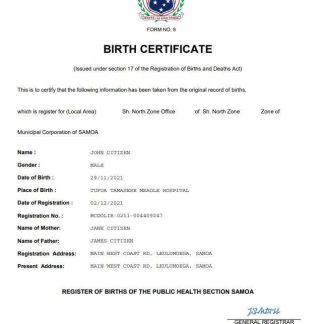 Samoa vital record birth certificate Word and PDF template download template file