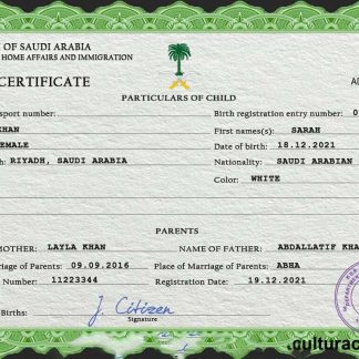 Saudi Arabia vital record birth certificate PSD template download template file