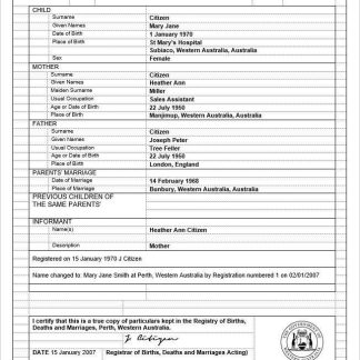 Australia Western Australia birth certificate template in Word format, version 3 download template file