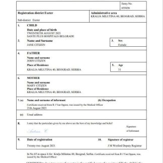 Serbia birth certificate Word and PDF template download template file