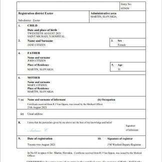 Slovakia birth certificate Word and PDF template download template file