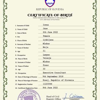 Slovenia birth certificate PSD template download template file