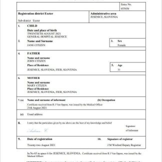 Slovenia birth certificate Word and PDF template download template file