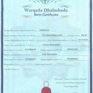 Somalia birth certificate template in PSD format download template file