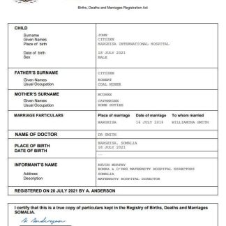 Somalia birth certificate Word and PDF template download template file